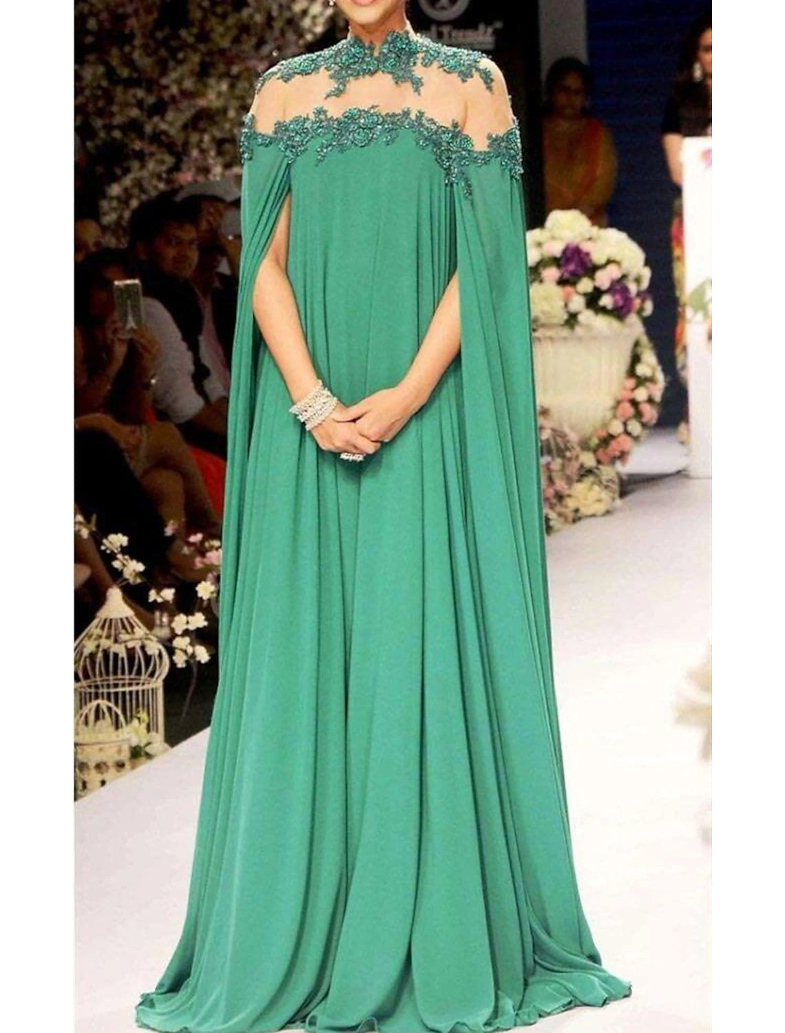 Abito da sera a trapezio, elegante, formale, da invitato a nozze, rosso e verde, lungo fino al pavimento, senza maniche, collo alto, autunnale, da invitato a nozze, in chiffon con applicazioni, colore puro